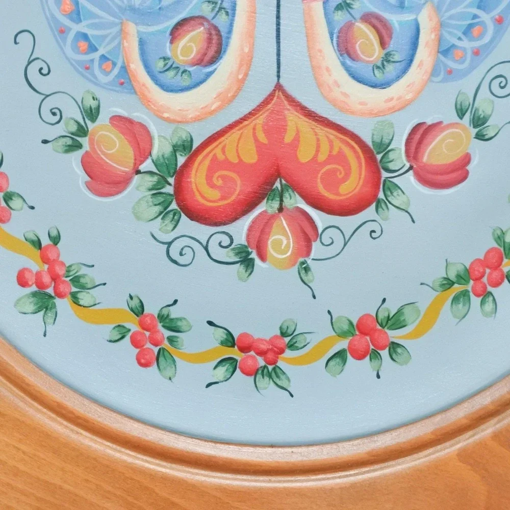 Vintage Norwegian Rosemaling Dove Heart Hand Painted Wooden Wall Plaque